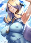 :d arm_up armpits bare_shoulders blonde_hair blue_sky blush breasts breasts_apart cloud cloudy_sky covered_nipples dated day grey_eyes hair_ornament hair_over_one_eye heart heart-shaped_pupils highres iku_(ikuchan_kaoru) large_breasts long_hair looking_at_viewer md5_mismatch no_bra open_mouth pink_lips pokemon pokemon_(anime) pokemon_(game) pokemon_dppt seductive_smile shirona_(pokemon) shirt signature sky sleeveless sleeveless_shirt smile solo sweat symbol-shaped_pupils thought_bubble upper_body very_long_hair 