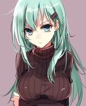  alternate_costume aosaki_yukina aqua_hair blue_eyes breast_hold breasts crossed_arms hair_ornament hairclip kantai_collection large_breasts long_hair looking_at_viewer ribbed_sweater solo suzuya_(kantai_collection) sweater turtleneck upper_body 
