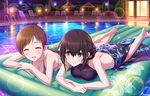  artist_request ass bangs bare_shoulders bikini blush breasts brown_hair cleavage closed_eyes collarbone hair_between_eyes idolmaster idolmaster_cinderella_girls idolmaster_cinderella_girls_starlight_stage long_hair looking_at_another low_ponytail lying medium_breasts multiple_girls night nitta_minami official_art on_stomach open_mouth outdoors pool pool_ladder sagisawa_fumika smile swimsuit water 