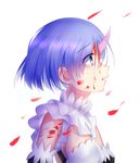  blood blood_on_face blue_eyes blue_hair breasts choker cleavage detached_sleeves eyebrows_visible_through_hair highres horn looking_up maid no_hairband open_mouth petals re:zero_kara_hajimeru_isekai_seikatsu rem_(re:zero) short_hair simple_background small_breasts solo white_background zqzqy 