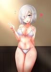  bikini blue_eyes breasts cowboy_shot e-kichi eyes_visible_through_hair front-tie_top hair_ornament hair_over_one_eye hairclip hamakaze_(kantai_collection) heart highres kantai_collection large_breasts looking_at_viewer navel short_hair silver_hair solo standing striped striped_bikini swimsuit v 