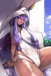  animal_ears arm_support cameltoe closed_mouth cloud commentary_request dark_skin day earrings facial_mark fate/grand_order fate_(series) hijiri hood hoop_earrings jackal_ears jewelry long_hair looking_at_viewer necklace nitocris_(fate/grand_order) nitocris_(swimsuit_assassin)_(fate) one-piece_swimsuit purple_eyes purple_hair sidelocks sitting sky smile solo swimsuit very_long_hair water 