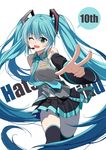 ;d anniversary bad_id bad_pixiv_id bangs baseness black_legwear black_skirt blue_eyes blue_hair blue_neckwear character_name collared_shirt commentary_request detached_sleeves eyebrows_visible_through_hair floating_hair hair_between_eyes hatsune_miku highres long_hair looking_at_viewer navel necktie one_eye_closed open_mouth pleated_skirt shirt simple_background skirt sleeveless sleeveless_shirt smile solo speech_bubble suspenders thighhighs thighs v very_long_hair vocaloid white_background 
