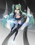  bad_anatomy boots cancell detached_sleeves full_body green_eyes green_hair hatsune_miku headphones highres long_hair looking_at_viewer midriff navel necktie open_mouth skirt sleeveless solo thigh_boots thighhighs twintails very_long_hair vocaloid 