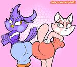  4testicles_(artist) abstract_background angry anthro avian big_butt bird breasts butt cat clothed clothing feline female fur mammal melissa_morgan patreon pink_fur shima_luan super_planet_dolan 