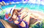  anklet artist_request bangs bare_shoulders beach bikini bird blue_sky blush bracelet breasts brown_eyes brown_hair cleavage cloud day floral_print flower frilled_bikini frills hat idolmaster idolmaster_cinderella_girls idolmaster_cinderella_girls_starlight_stage jewelry long_hair looking_at_viewer medium_breasts necklace ocean official_art open_mouth outdoors parted_lips plant sitting sky smile solo sunflower sunlight swimsuit totoki_airi twintails 