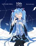  anniversary aqua_hair black_legwear blush closed_eyes crying dated detached_sleeves facing_viewer hand_on_own_chest hatsune_miku headset long_hair necktie open_mouth popuru skirt sleeveless solo tears thighhighs twintails vocaloid 