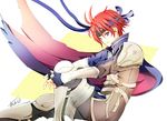 ahoge armor atoatto blue_eyes cape fingerless_gloves fire_emblem fire_emblem:_fuuin_no_tsurugi fire_emblem:_kakusei gloves greaves looking_at_viewer male_focus pauldrons red_hair roy_(fire_emblem) smile solo 