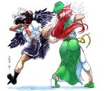  ass battle bike_shorts bird_wings black_hair black_legwear black_skirt black_wings braid collared_shirt commentary_request duel frilled_skirt frills geta hat high_kick hong_meiling kicking koyubi_(littlefinger1988) leaf-pattern_stripe long_hair multiple_girls pom_pom_(clothes) puffy_sleeves red_footwear red_hair scar shaded_face shameimaru_aya shirt shoes short_hair short_sleeves skirt smile tengu-geta tokin_hat touhou translation_request twin_braids white_shirt wings 