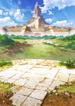  building bush castle cloud commentary_request day defensive_wall fantasy gate grass highres last_boss_no_mukougawa mocha_(cotton) no_humans outdoors plant scenery sky stone_floor tower town wall 