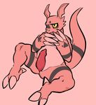  2017 3_fingers 3_toes animal_genitalia anthro belly biped black_eyes claws digimon digital_drawing_(artwork) digital_media_(artwork) dragon erection facial_markings front_view full-length_portrait genital_slit glacierclear grey_body grey_stripes guilmon half-closed_eyes head_wings hi_res male markings membranous_wings multicolored_body nude open_mouth penis pink_background pink_body pink_theme portrait precum reclining red_penis scalie shy simple_background sitting slightly_chubby slit solo spikes spread_legs spreading striped_body stripes tapering_penis toes white_body wings yellow_sclera 