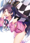  black_bow black_hair black_ribbon bow checkered checkered_flag earrings fate/grand_order fate_(series) flag fur_trim hair_bow hoop_earrings ishtar_(fate/grand_order) ishtar_(swimsuit_rider)_(fate) jewelry long_hair looking_at_viewer open_mouth pink_eyes ribbon shashimo single_thighhigh solo thighhighs twintails 