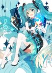  aqua_eyes aqua_hair bangs black_skirt boots commentary cube detached_sleeves eighth_note eyebrows_visible_through_hair full_body fuuko_(2679566944) glint hair_between_eyes hands_up hatsune_miku holding long_hair looking_at_viewer musical_note open_mouth sheet_music sidelocks sitting sixteenth_note skirt smile solo sparkle tareme thigh_boots thighhighs treble_clef twintails very_long_hair vocaloid white_footwear white_legwear 