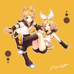  1girl :d belt black_legwear black_shorts blonde_hair blue_eyes brother_and_sister detached_sleeves full_body gogatsu_no_renkyuu hair_ribbon hairband headphones kagamine_len kagamine_rin looking_at_viewer midriff neckerchief necktie open_mouth ribbon shirt short_hair short_shorts short_sleeves shorts siblings signature simple_background sleeveless sleeveless_shirt smile vocaloid white_hairband white_ribbon white_shirt yellow_background yellow_neckwear 