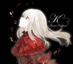  black_background bow capelet character_name copyright_name eyebrows_visible_through_hair floating_hair ishido_mutsuki k_(anime) kushina_anna lolita_fashion long_hair looking_up neck_ribbon parted_lips red_bow red_eyes red_ribbon ribbon silver_hair simple_background solo tears 