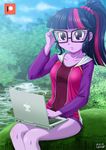  1girl computer glasses hair_tie hoodie jacket laptop multicolored_hair my_little_pony my_little_pony_equestria_girls my_little_pony_friendship_is_magic one_piece_swimsuit personification pink_hair ponytail purple_eyes purple_hair purple_skin solo swimsuit swimsuit_under_clothes twilight_sparkle two-tone_hair uotapo 