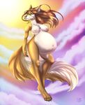  2017 anthro areola belly big_belly breasts brown_fur brown_hair canine cloud detailed_background digitigrade ear_piercing eyewear female fluffy fluffy_tail folf fox fur glasses hair hybrid jewelry long_hair long_tail mammal navel necklace nipples nude outie_navel piercing pregnant spottedtigress star sun white_fur wolf xanderblaze 