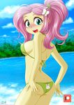  1girl ass bikini blush breasts cyan_eyes fluttershy green_bikini hair_tie hairclip large_breasts my_little_pony my_little_pony_equestria_girls my_little_pony_friendship_is_magic personification pink_hair ponytail sideboob solo swimsuit uotapo yellow_skin 