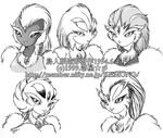  1994 1999 anthro avian beak bird black_and_white bust_portrait chest_tuft dr_comet feather_tuft feathers female forehead_jewel group hair japanese_text kemono long_hair mohawk monochrome mouth_closed neck_tuft open_mouth portrait simple_background text tuft url white_background 