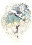  black_bow black_legwear black_ribbon blue_hair bow capelet closed_eyes dress flower full_body hair_flower hair_ornament hair_ribbon hairband hatsune_miku highres kicchan layered_dress long_hair multicolored_hair ribbon shoes simple_background sleeping smile solo twintails two-tone_hair vocaloid white_background white_flower white_footwear white_hair white_hairband 