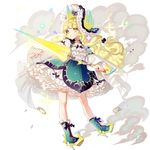  black_bow blonde_hair blush bow cherrypin eyebrows_visible_through_hair full_body hair_bow high_heels holding holding_sword holding_weapon horn kai-ri-sei_million_arthur long_hair looking_away million_arthur_(series) parted_lips qilin_(mythology) solo sword weapon yellow_eyes 