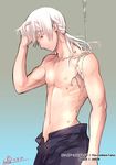  abs bare_chest character_name copyright_name fire_emblem fire_emblem_heroes fire_emblem_if grey_hair joker_(fire_emblem_if) kero_sweet long_hair low_ponytail male_focus nipples pectorals ponytail purple_eyes simple_background solo white_hair 