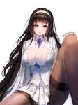  absurdres between_breasts black_hair breasts brown_legwear cape catbii cleavage girls_frontline hairband highres large_breasts long_hair looking_at_viewer pantyhose qbz-95_(girls_frontline) sitting skirt smile solo twitter_username white_background white_cape white_hairband white_skirt yellow_eyes 