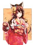  absurdres ahri animal_ears blush facial_mark floral_print flower fox_ears hair_flower hair_ornament highres japanese_clothes kimono league_of_legends long_hair long_sleeves looking_at_viewer moonblue obi open_mouth sash slit_pupils smile solo symbol-shaped_pupils whisker_markings wide_sleeves yukata 
