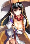 beads bikini black_hair blush borushichi breasts brown_hair cleavage earrings fate/grand_order fate_(series) hat headpiece highres jewelry large_breasts long_hair looking_at_viewer necklace prayer_beads purple_eyes smile solo staff swimsuit xuanzang_(fate/grand_order) 