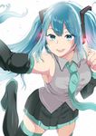  :d absurdres armpits bare_shoulders black_legwear blue_eyes blue_hair breasts detached_sleeves hatsune_miku headphones highres large_breasts long_hair looking_at_viewer necktie open_mouth skirt smile solo teeth thighhighs twintails vocaloid yac_(mokkori) 
