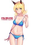  absurdres arnold-s bikini blonde_hair blue_bikini blush breasts character_name cleavage closed_mouth collarbone colorado_(zhan_jian_shao_nyu) commentary copyright_name english_commentary eyebrows_visible_through_hair green_eyes highres large_breasts looking_at_viewer navel short_hair smile swimsuit zhan_jian_shao_nyu 