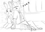  3_toes 4_fingers anthro barefoot canine clothed clothing disney duo eyes_closed female fox fully_clothed fur iheart7968 judy_hopps kneeling lagomorph long_ears male mammal monochrome necktie nick_wilde pants rabbit shirt sitting sketch sleeping sound_effects toes zootopia zzz 
