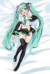  bed_sheet blue_eyes blush boots commentary_request detached_sleeves green_hair hatsune_miku highres long_hair navel necktie open_mouth skirt solo thigh_boots thigh_gap thighhighs twintails very_long_hair vocaloid zero_(miraichizu) 