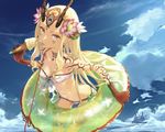  :p ass_visible_through_thighs bandeau bare_shoulders bikini blonde_hair blue_sky breasts butt_crack cleavage cloud cloudy_sky commentary_request cowboy_shot day earrings facial_mark fate/grand_order fate_(series) flower food from_above front-tie_bikini front-tie_top green_innertube hair_flower hair_ornament highres horns ibaraki_douji_(fate/grand_order) ice_cream ice_cream_cone innertube jewelry leaning_forward long_hair looking_at_viewer looking_up navel redjuice revision side-tie_bikini sidelocks sky small_breasts solo swimsuit tattoo tongue tongue_out very_long_hair yellow_eyes 