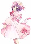  alternate_hair_length alternate_hairstyle blush bow bowtie capelet commentary crescent crescent_hair_ornament dress from_behind hair_bow hair_ornament hat looking_at_viewer mob_cap parted_lips patchouli_knowledge pink_dress purple_eyes purple_hair short_hair touhou twirl vanilla_(miotanntann) 