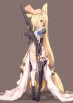  :d absurdly_long_hair ahokoo animal_ears assault_rifle black_legwear blonde_hair blush boots brown_background commentary cosplay disembodied_limb dress ear_clip earrings flower g41_(girls_frontline) g41_(girls_frontline)_(cosplay) girls_frontline groin gun h&amp;k_g41 hair_over_one_eye heart high_heels highres holding holding_gun holding_weapon idolmaster idolmaster_cinderella_girls jewelry long_hair low_twintails mechanical_arms mismatched_legwear open_mouth petting red_eyes rifle shirasaka_koume smile solo_focus standing twintails very_long_hair weapon white_dress white_legwear 