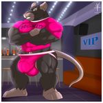  2016 4_toes aaron_(artist) abs anthro balls bar barefoot barely_visible_genitalia biceps big_muscles biped black_fur border bouncer buckteeth bulge clothed clothing crossed_arms detailed_background digital_media_(artwork) erection erection_under_clothes eyebrows feet fur green_eyes grey_fur grey_tail half-closed_eyes hi_res hunter_mapes inside jockstrap looking_at_viewer male mammal multicolored_fur muscular partially_retracted_foreskin pecs penis pepsi_(fa) pink_balls pink_bottomwear pink_clothing pink_nose pink_penis pink_shirt pink_topwear pink_underwear plantigrade quads rat rodent security shirt signature smile snout solo standing subtle_penis t-shirt teeth toes two_tone_fur uncut underwear whiskers white_border 