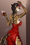  2017 5_fingers alcohol anthro ariannafray_pr beverage butt_pose claws clothed clothing feline female hair mammal rear_view solo wine 