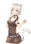  animal_ears bismarck_(zhan_jian_shao_nyu) blush breasts cat_ears cat_tail choker cleavage collarbone eyebrows_visible_through_hair highres large_breasts looking_at_viewer open_mouth red_eyes signature smile solo tail white_hair zhan_jian_shao_nyu zhudacaimiao 