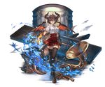  bangs black_legwear blazer breasts brown_hair dragon_horns dragon_tail dragon_wings fire french_horn full_body granblue_fantasy grea_(shingeki_no_bahamut) horns instrument jacket large_breasts looking_at_viewer minaba_hideo official_art pointy_ears red_eyes shingeki_no_bahamut shirt shoes short_hair skirt solo tail thighhighs torn_clothes transparent_background violin wings 