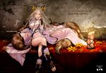  animal_ears bare_shoulders barefoot china_dress chinese_clothes commentary_request dress grey_hair highres leaf long_hair looking_at_viewer maple_leaf nail_polish original red_nails redjuice revision smile solo tail yellow_eyes 