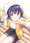  :&gt; animal_print bench blue_hair blurry blurry_background bunny_print commentary day flower gochuumon_wa_usagi_desu_ka? hat highres hood hoodie jacket jouga_maya long_sleeves looking_at_viewer niiya open_track_jacket outdoors petals short_hair sitting smile solo track_jacket yellow_eyes 