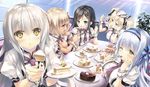  5girls asaka_ushio black_hair blonde_hair blue_eyes blue_hair brown_eyes cake green_eyes hair_ribbon jc kasukabe_kanon misuzu_sasa multiple_girls necktie ouchi_ni_kaeru_made_ga_mashimaro_desu raiha_raikkonen ribbon silver_hair twintails waitress_uniform wrist_cuffs yellow_eyes 