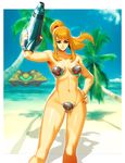  arm_cannon beach blonde_hair breasts day genzoman looking_at_viewer medium_breasts metroid metroid_(creature) navel nude ocean outdoors palm_tree ponytail samus_aran smile solo space_craft stomach thigh_gap tree weapon 