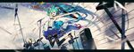  7th_dragon_(series) 7th_dragon_2020 aqua_eyes aqua_hair drum el-zheng guitar hatsune_miku highres instrument kagamine_rin long_hair microphone microphone_stand motion_blur multiple_girls open_mouth smile thighhighs twintails very_long_hair vintage_microphone vocaloid 