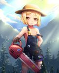  amei_(a6872554) bangs bird blonde_hair blue_sky blush breasts chainsaw closed_mouth cloud cloudy_sky day eyebrows_visible_through_hair fate/grand_order fate_(series) giantess gloves hand_on_hilt hat highres holding legs_apart looking_at_viewer naked_overalls outdoors overalls parted_bangs paul_bunyan_(fate/grand_order) pine_tree raised_eyebrow short_hair sky small_breasts smile smug solo standing sun_hat sunlight suspenders suspenders_slip tree weapon yellow_eyes 