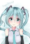  artist_name blue_eyes blue_hair blue_neckwear blush detached_sleeves eyebrows_visible_through_hair happy_birthday hatsune_miku long_hair looking_at_viewer necktie rokuuso smile twintails twitter_username upper_body vocaloid 