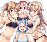  &gt;_&lt; ;p black_bra black_panties blue_bra blue_hair blush bra breast_envy breast_press breast_rest breasts breasts_on_head brown_hair cleavage from_side grin hair_flaps hair_ornament hairclip haregama_shiina harusame_(kantai_collection) hat index_finger_raised kantai_collection large_breasts long_hair looking_at_viewer medium_breasts multiple_girls murasame_(kantai_collection) one_eye_closed panties pink_hair polka_dot polka_dot_bra remodel_(kantai_collection) samidare_(kantai_collection) scarf simple_background small_breasts smile tears tongue tongue_out twintails underwear v white_background white_scarf yuudachi_(kantai_collection) 