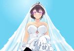  absurdres ahoge bare_shoulders beifeng_han black_hair blue_background blush breasts cleavage dress glowing glowing_eyes hair_between_eyes highres jewelry large_breasts looking_at_viewer miyaura_sanshio original out_of_frame outstretched_arm pov pov_hands purple_eyes putting_on_jewelry ring smile strapless strapless_dress veil wedding_dress wedding_ring 