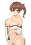  bare_shoulders blush breast_hold breasts brown_eyes brown_hair cleavage closed_mouth collarbone cowboy_shot hair_between_eyes highres kaga_(kantai_collection) kantai_collection large_breasts looking_at_viewer navel no_pants off_shoulder open_clothes open_shirt panties shirt side_ponytail siesta_(artist) simple_background solo stomach underwear white_background white_panties 